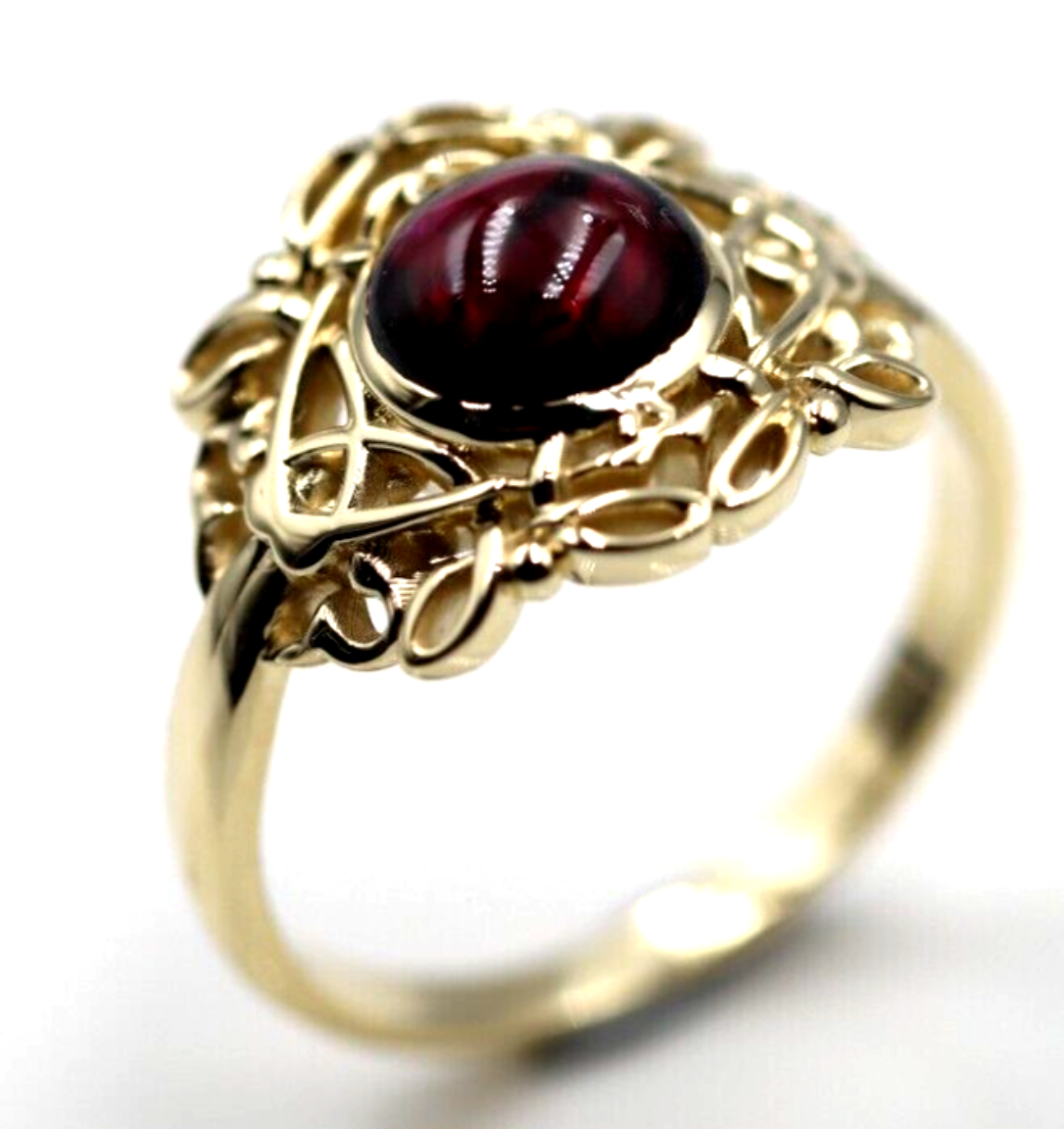 Size R - Genuine 9ct 9k 375 Yellow, Rose or White Gold Round Red Cabochon Garnet Fancy Filigree Ring