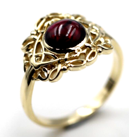 Size R - Genuine 9ct 9k 375 Yellow, Rose or White Gold Round Red Cabochon Garnet Fancy Filigree Ring