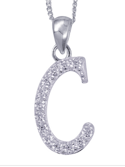 Sterling Silver Cubic Zirconia Initial Pendants A to Z with 45cm + 5cm Extender Chain