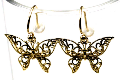 Genuine 9ct 9k 375 Yellow, Rose or White Gold Filigree Butterfly Drop Open Hook Earrings