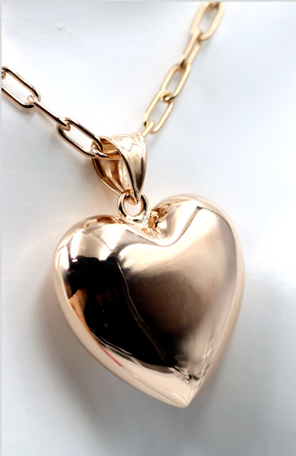 Genuine 9ct Yellow, Rose or White Gold Handmade Paperclip + Bubble Heart 45cm Necklace
