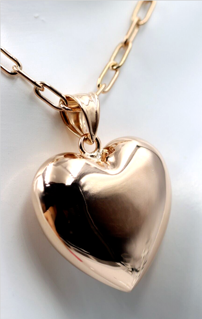 Genuine 9ct Yellow, Rose or White Gold Handmade Paperclip + Bubble Heart 45cm Necklace