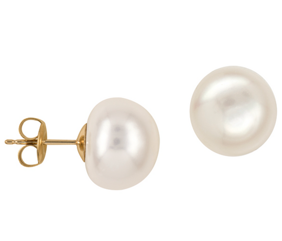 Genuine 9ct Yellow Gold 12mm Freshwater White Button Pearl Earrings