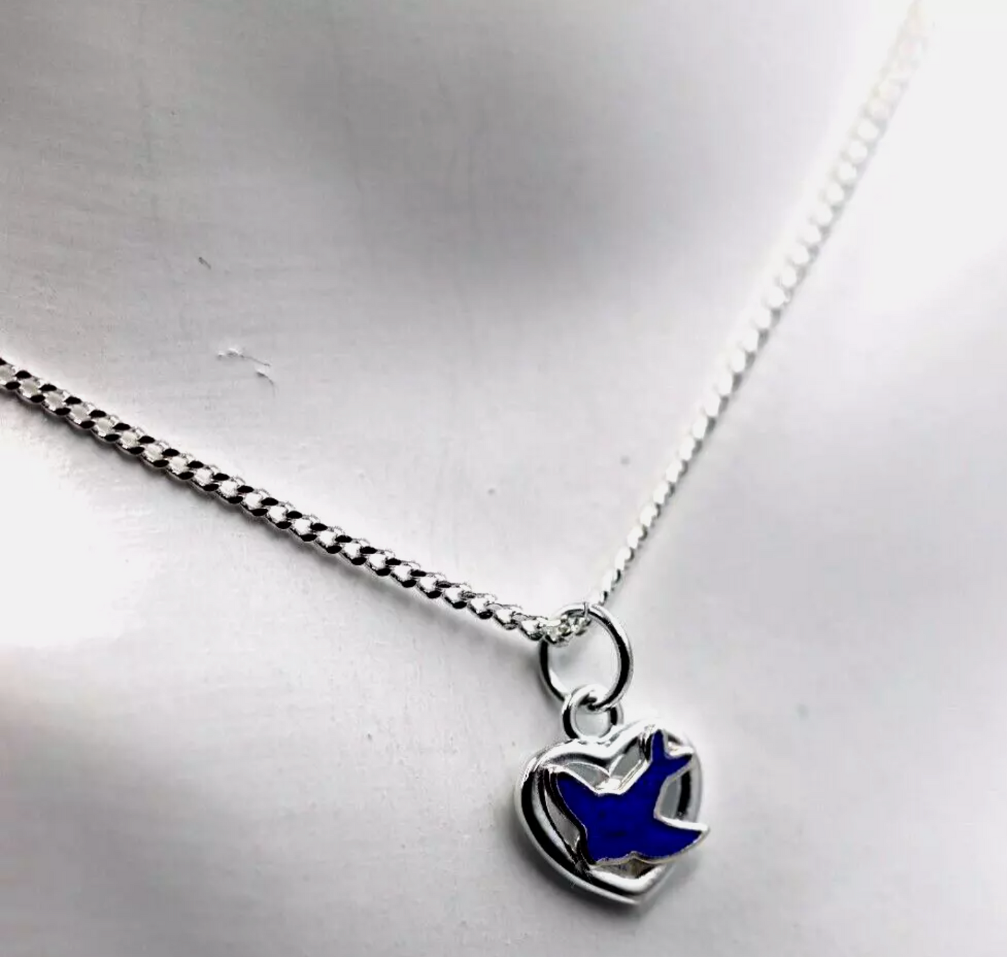 Sterling Silver 925 Heart Enamel Blue Bird Pendant / Charm + 42cm Necklace