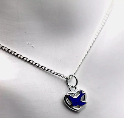 Sterling Silver 925 Heart Enamel Blue Bird Pendant / Charm + 42cm Necklace