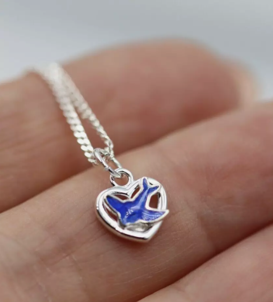 Sterling Silver 925 Heart Enamel Blue Bird Pendant / Charm + 42cm Necklace