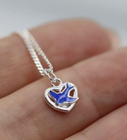 Sterling Silver 925 Heart Enamel Blue Bird Pendant / Charm + 42cm Necklace