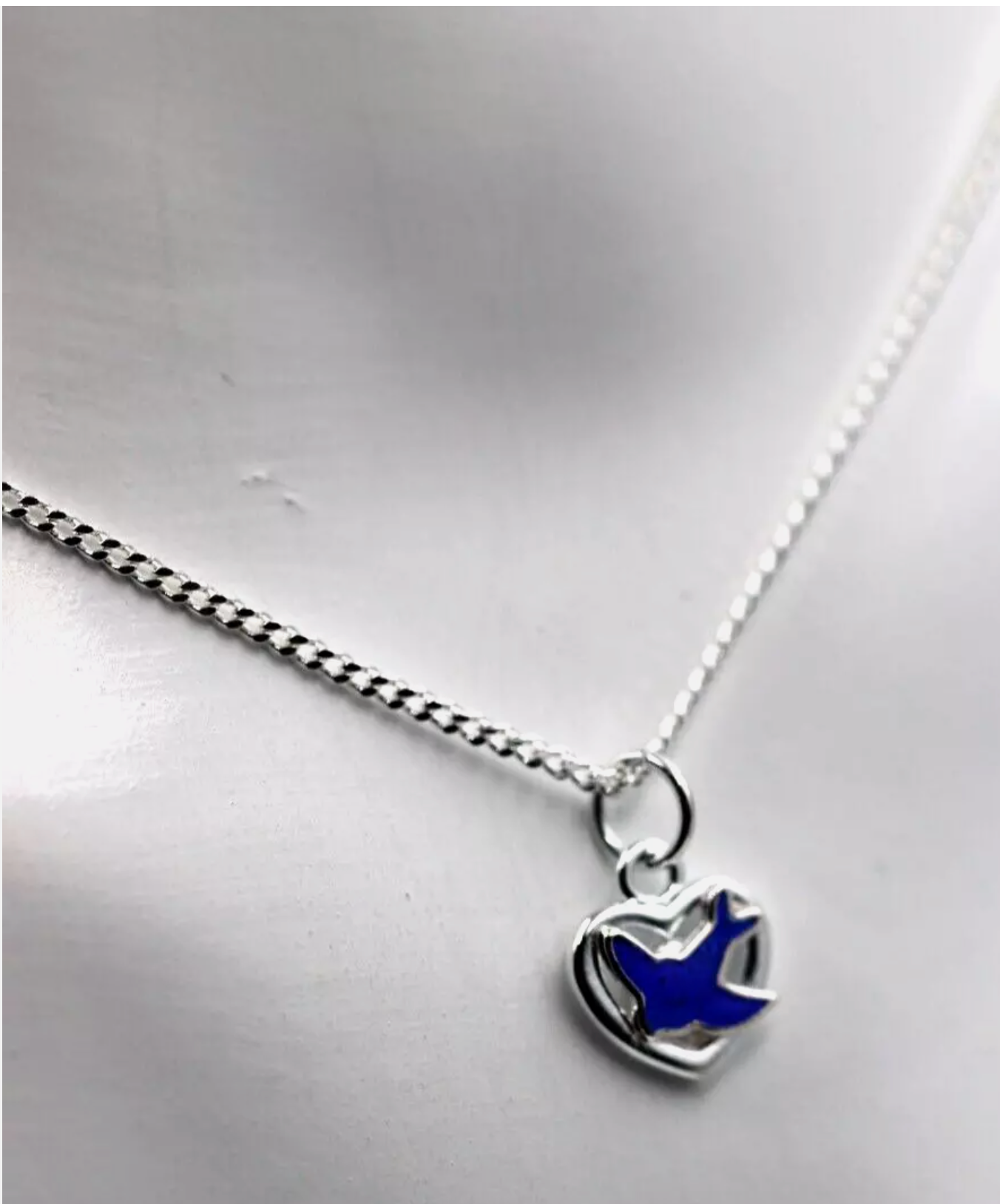 Sterling Silver 925 Heart Enamel Blue Bird Pendant / Charm + 42cm Necklace