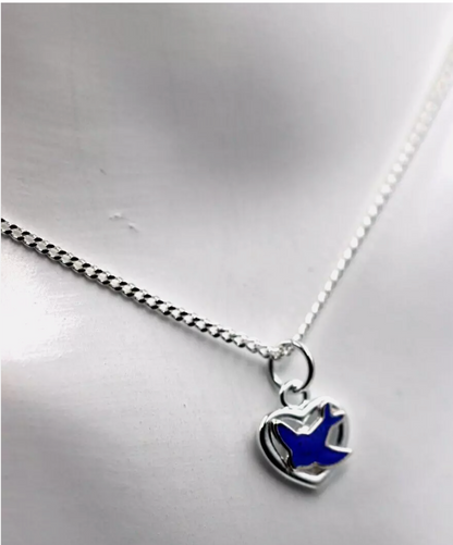 Sterling Silver 925 Heart Enamel Blue Bird Pendant / Charm + 42cm Necklace