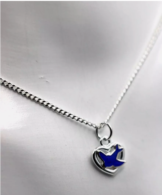 Sterling Silver 925 Heart Enamel Blue Bird Pendant / Charm + 42cm Necklace