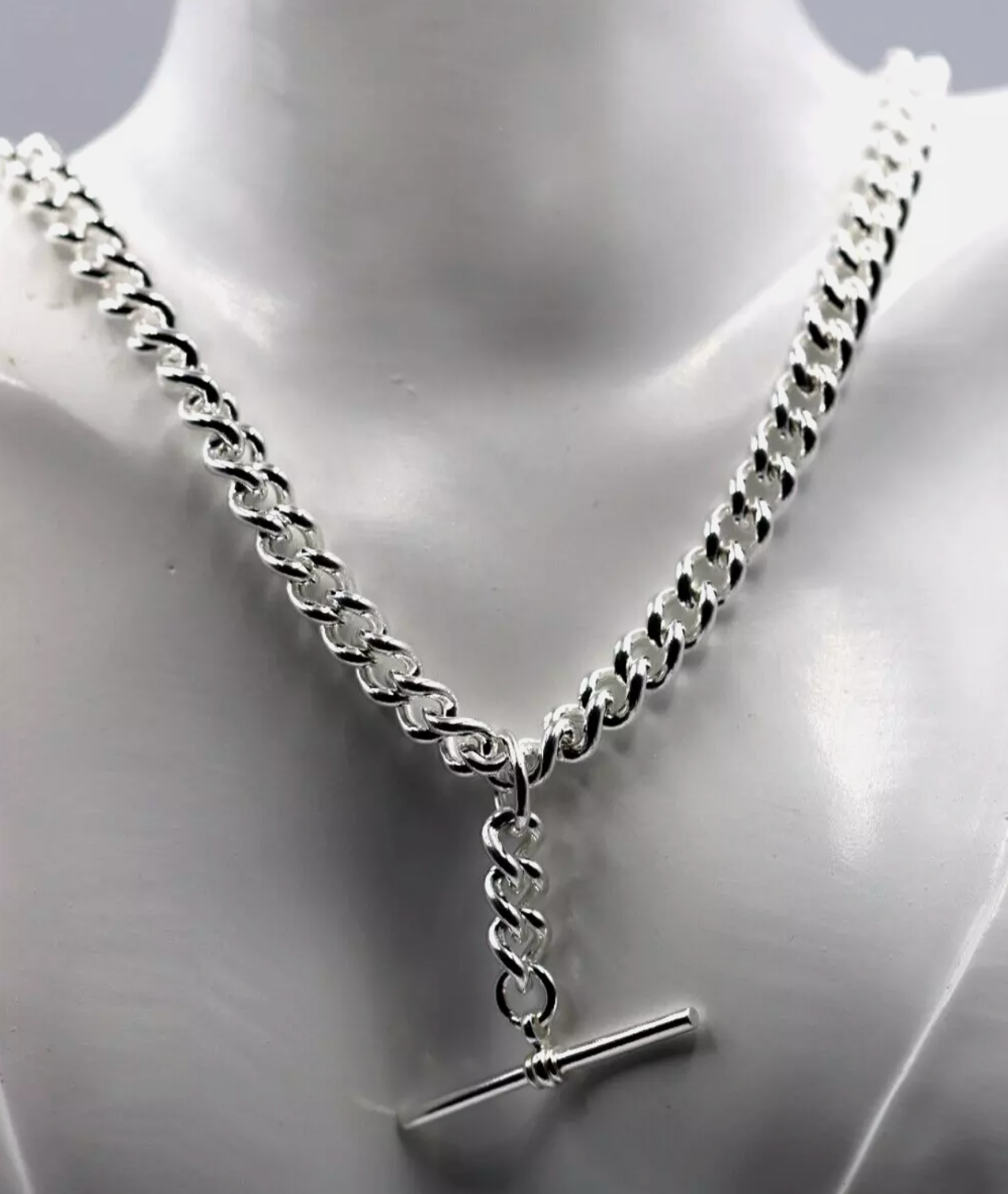 Sterling Silver 925 Heavy Kerb Curb Chain Necklace 50cm 71.2grams T-Bar + 2 x swivels Clasps