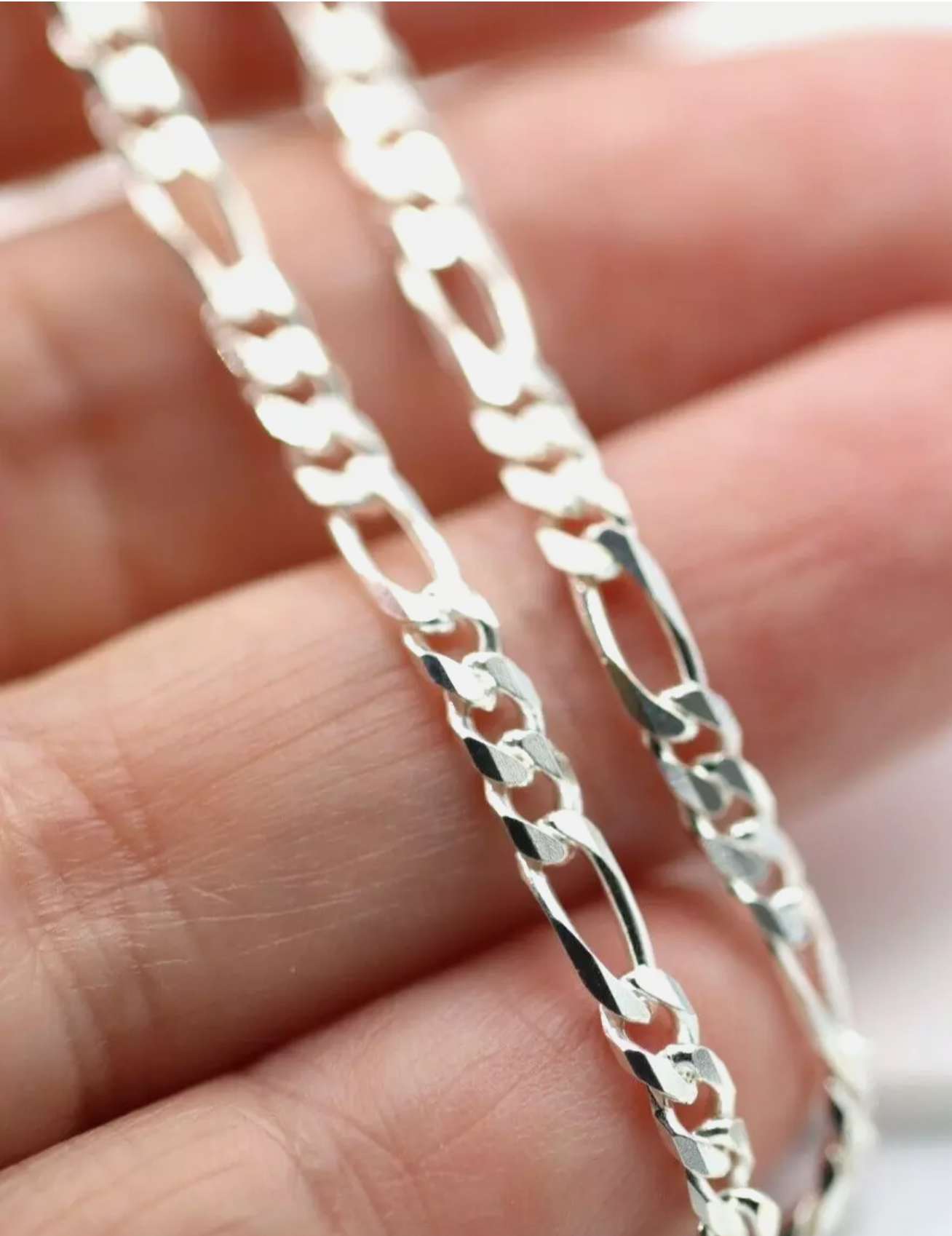 Sterling Silver 925 Bevelled Figaro Diamond Cut Chain 45cm, 50cm, 55cm, 60cm or 70cm Necklace