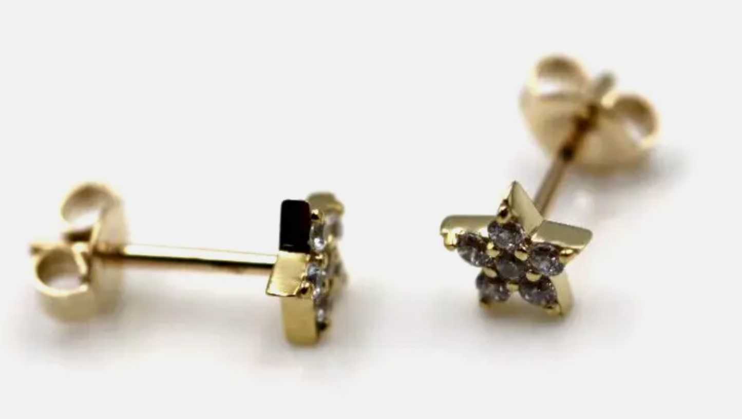 Genuine 9ct 9kt 375 Yellow Gold Cubic Zirconia Star Stud Earrings