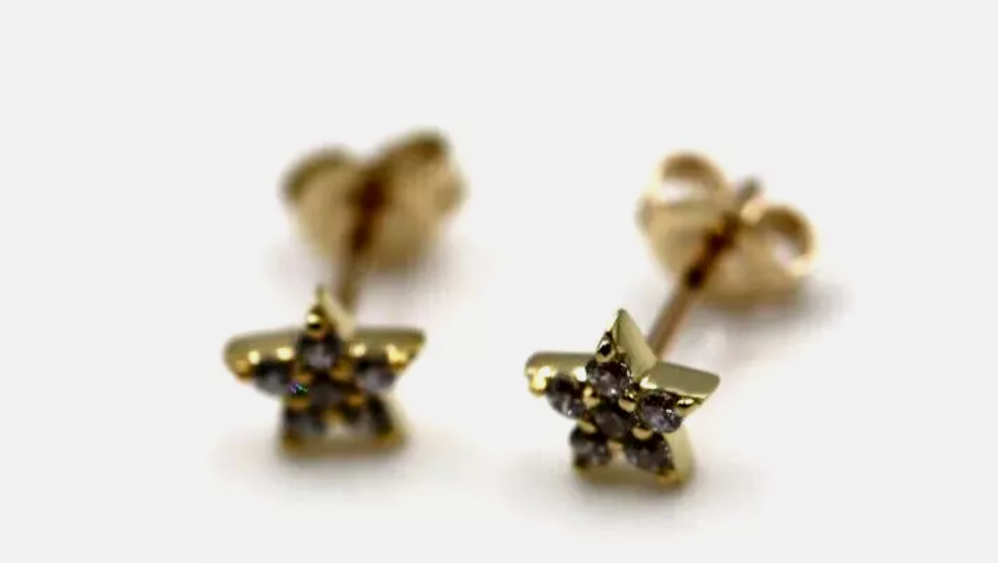 Genuine 9ct 9kt 375 Yellow Gold Cubic Zirconia Star Stud Earrings