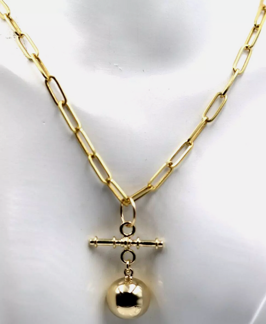 Genuine 9ct 9k 375 Yellow Gold Paperclip Necklace Chain 50cm + T-Bar + 14mm Ball