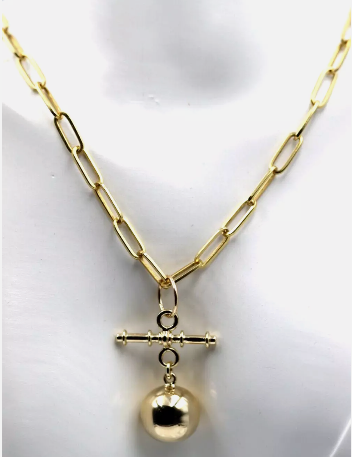 Genuine 9ct 9k 375 Yellow Gold Paperclip Necklace Chain 50cm + T-Bar + 14mm Ball