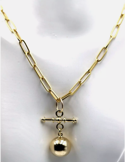 Genuine 9ct 9k 375 Yellow Gold Paperclip Necklace Chain 50cm + T-Bar + 14mm Ball