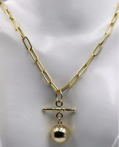 Genuine 9ct 9k 375 Yellow Gold Paperclip Necklace Chain 50cm + T-Bar + 14mm Ball