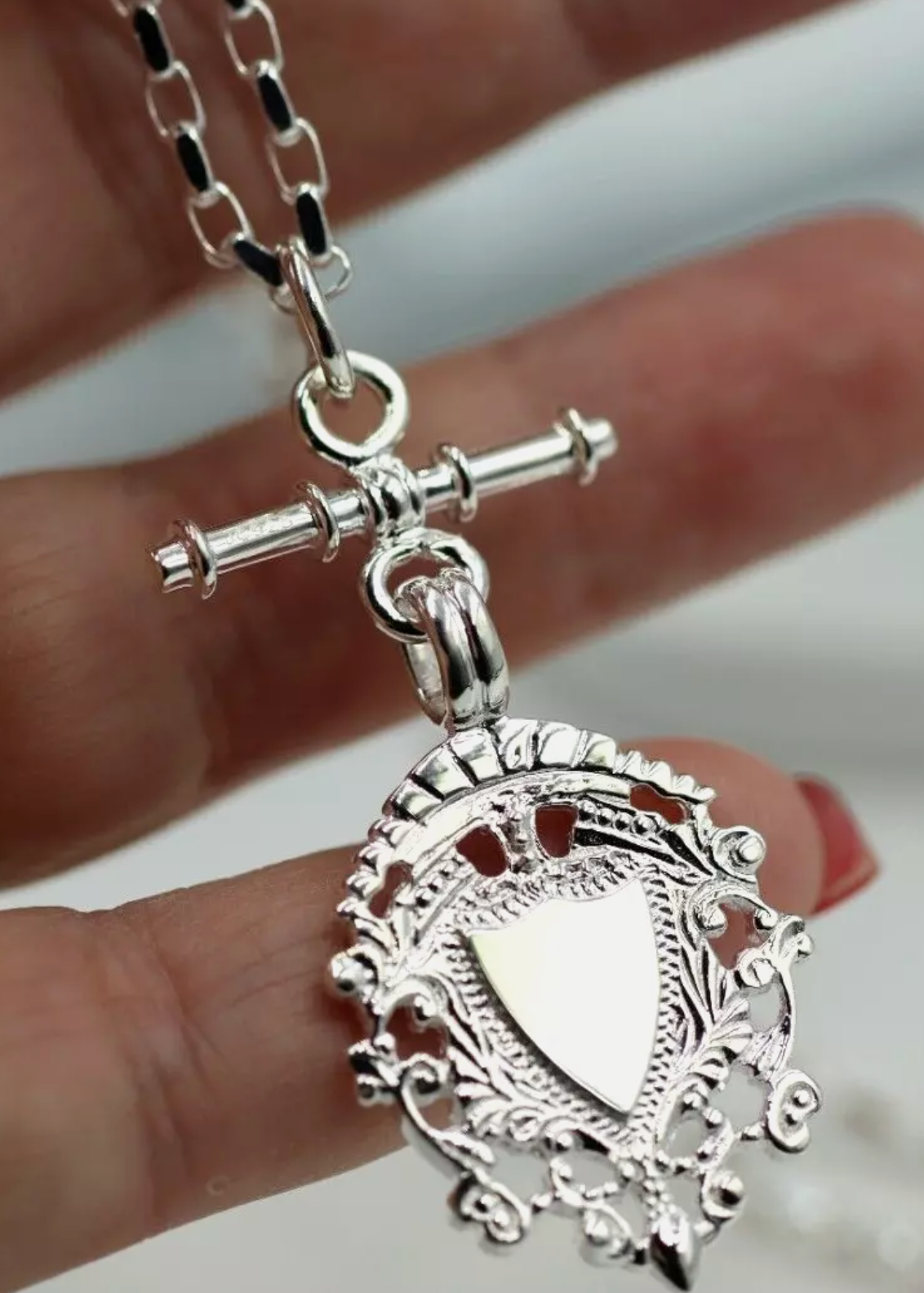 Genuine Solid Sterling Silver 925 Shield & T Bar Pendant + 70cm Belcher Necklace