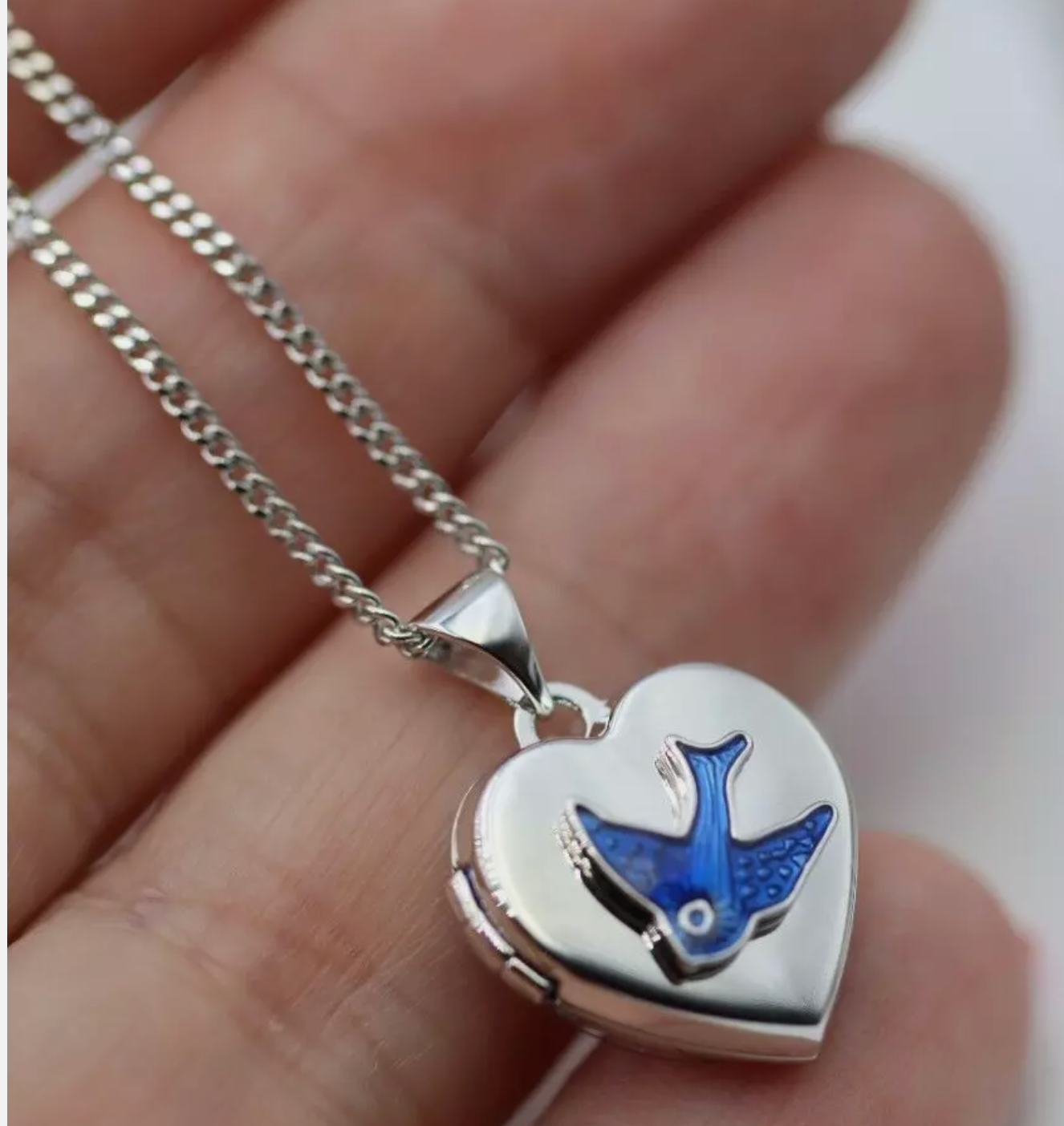 Sterling Silver 925 Heart Enamel Blue Bird Locket Pendant +  Necklace Chain