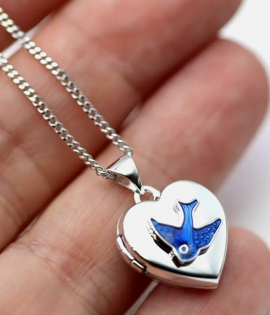 Sterling Silver 925 Heart Enamel Blue Bird Locket Pendant +  Necklace Chain