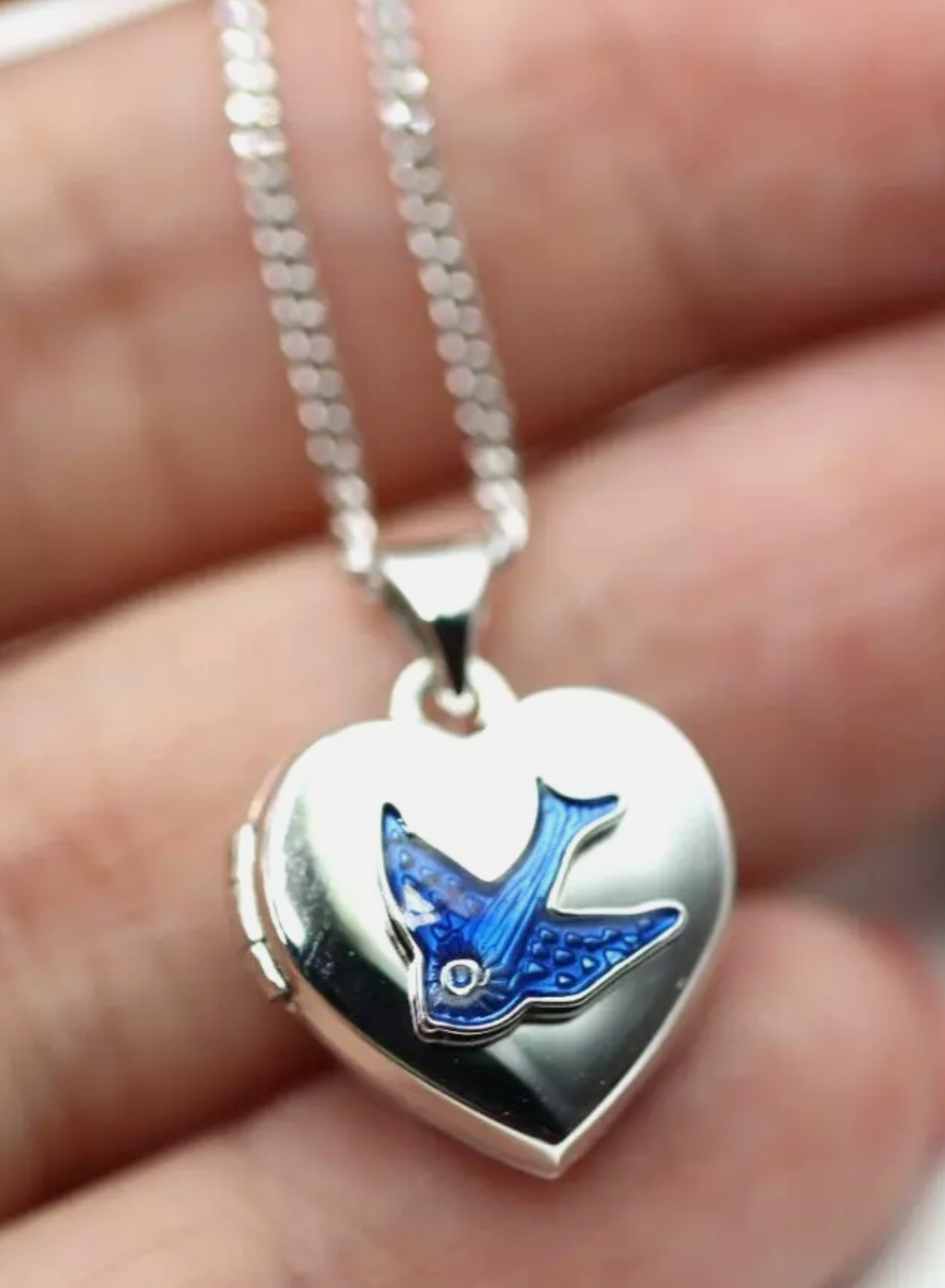 Sterling Silver 925 Heart Enamel Blue Bird Locket Pendant +  Necklace Chain