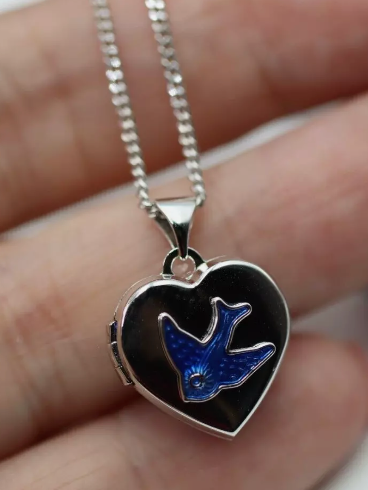 Sterling Silver 925 Heart Enamel Blue Bird Locket Pendant +  Necklace Chain