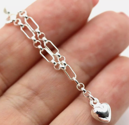 Sterling Silver 925 Figaro Belcher Anklet with Bubble Heart Charm 26cm