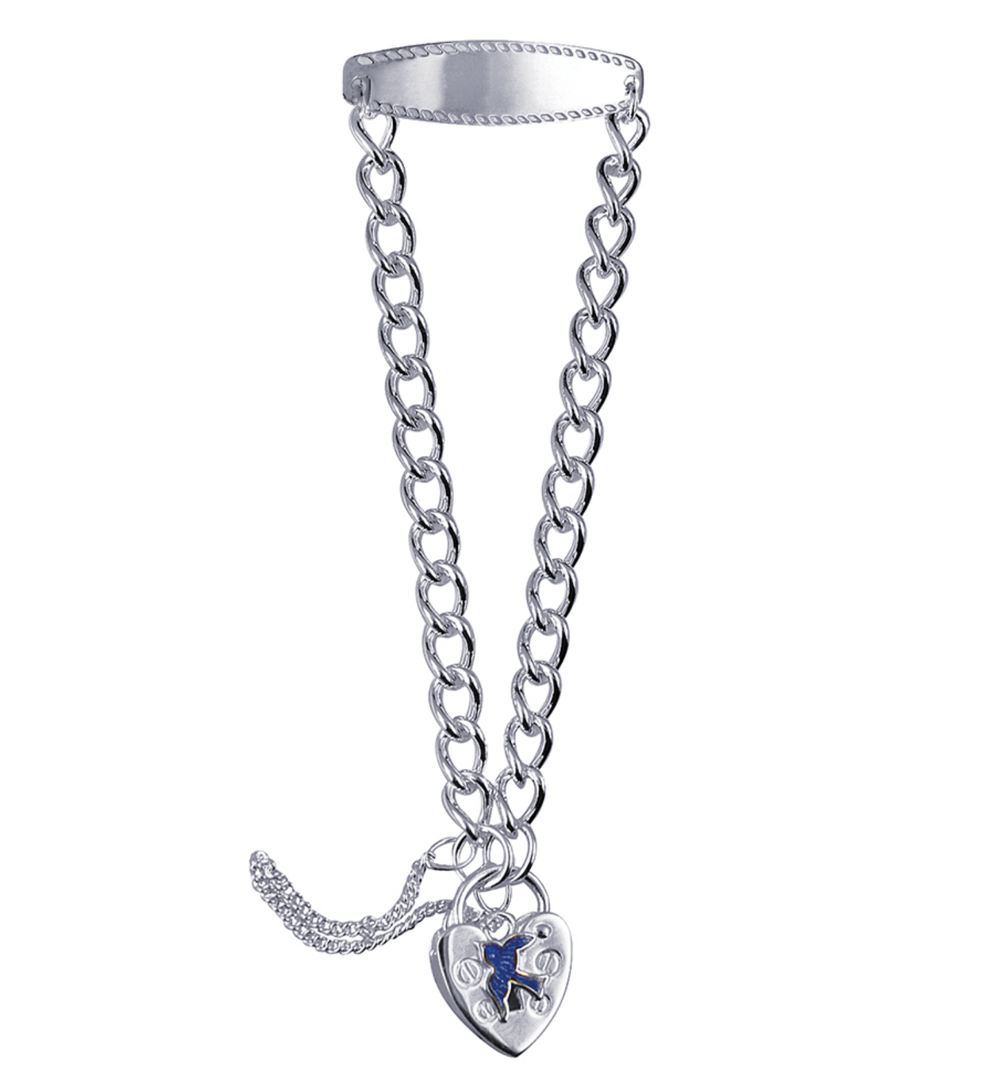 Genuine Sterling Silver or Gold Plated 925 Long Curb Child ID with Plain Heart Padlock and Blue Bird