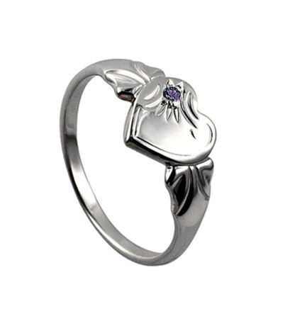 Sterling Silver 925 February Birthstone Heart Signet Ring +  Amethyst CZ