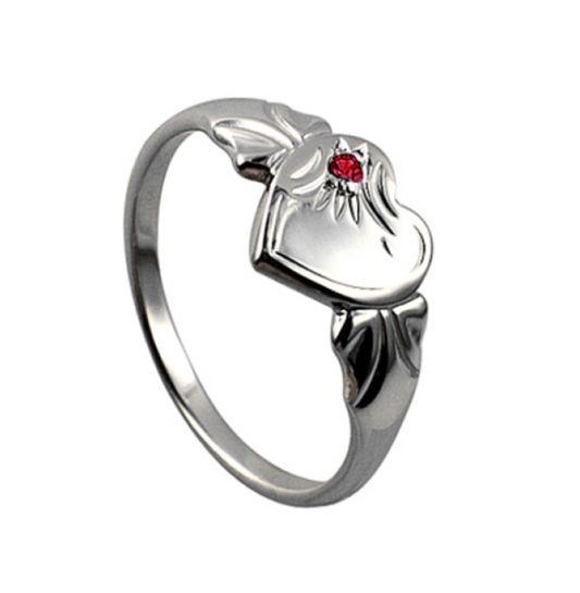 Sterling Silver 925 July Birthstone Heart Signet Ring +  Ruby CZ