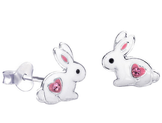 Genuine Sterling Silver 925 White Enamel Rabbit with Pink Heart + Crystal Studs