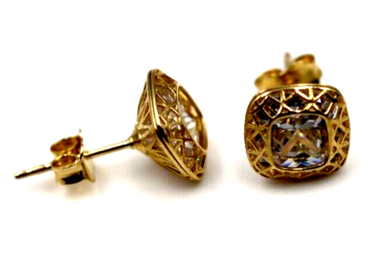 Kaedesigns, 9ct 9K Yellow Gold 9mm Stud CZ Filigree Earrings