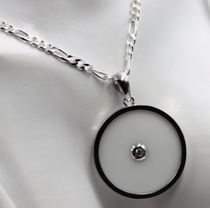 Sterling Silver 925 Large Round White Agate/White CZ Pendant + Chain