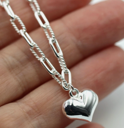Genuine 925 Sterling Silver Fancy Paperclip Puff Heart 19cm Charm Bracelet