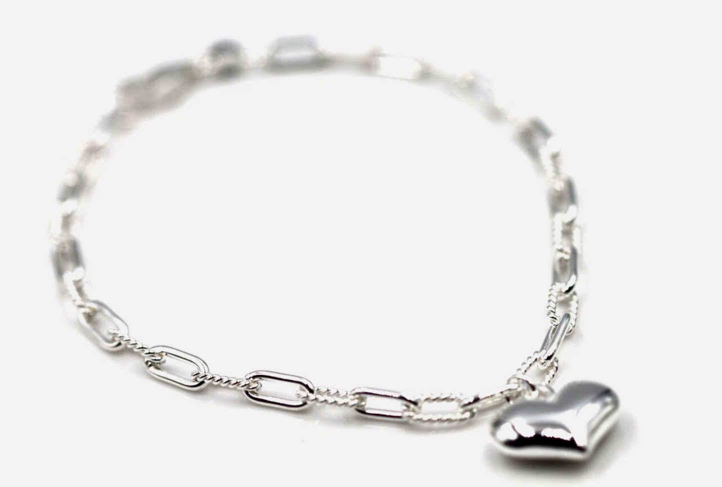 Genuine 925 Sterling Silver Fancy Paperclip Puff Heart 19cm Charm Bracelet