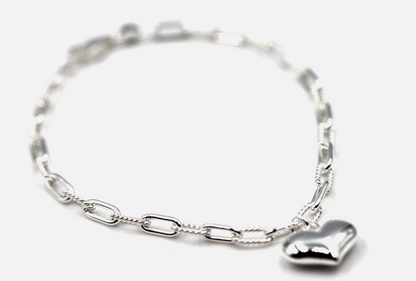 Genuine 925 Sterling Silver Fancy Paperclip Puff Heart 19cm Charm Bracelet