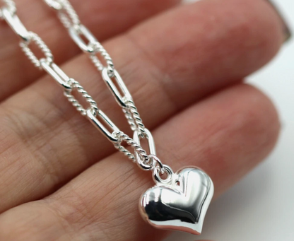 Genuine 925 Sterling Silver Fancy Paperclip Puff Heart 19cm Charm Bracelet