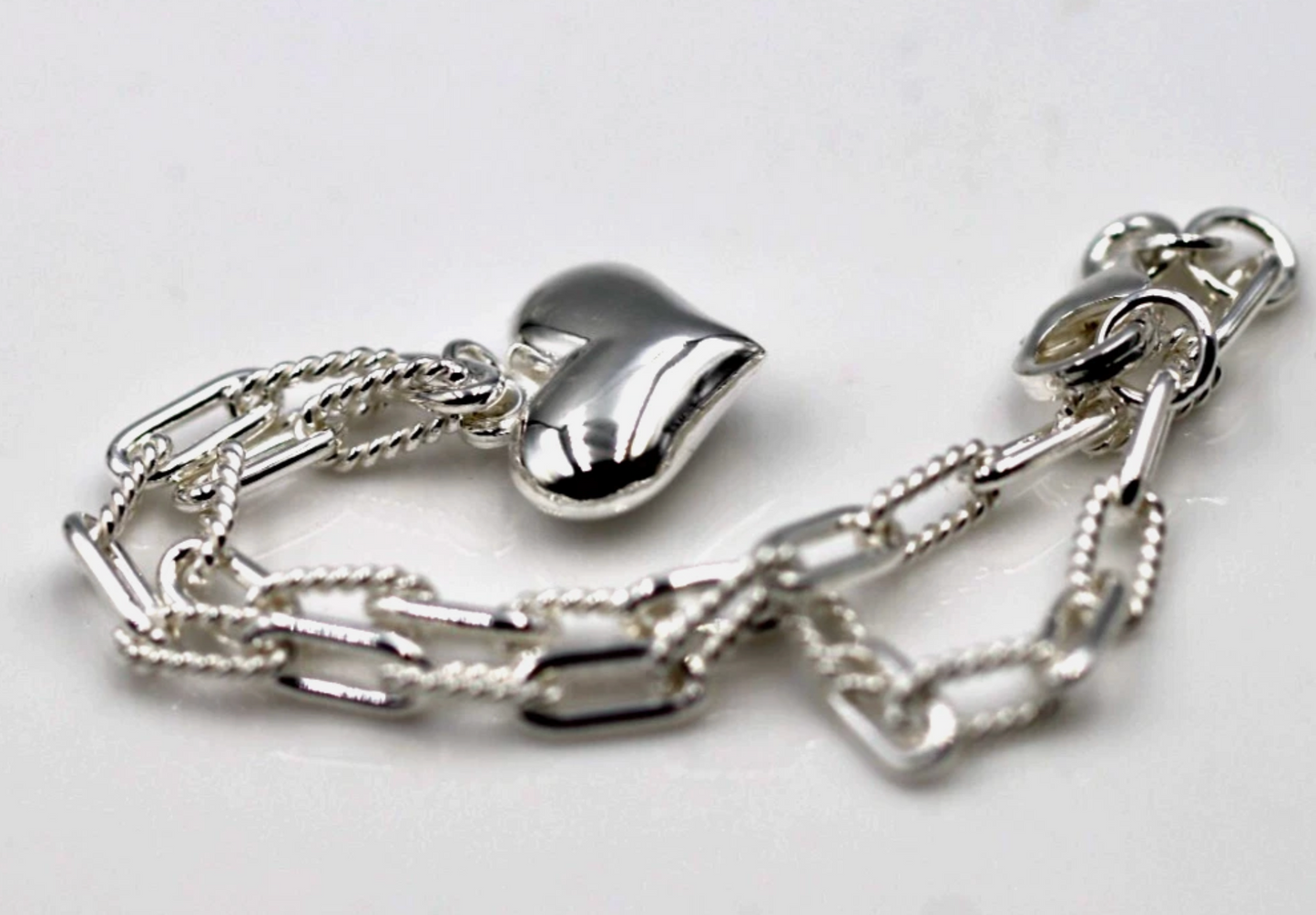 Genuine 925 Sterling Silver Fancy Paperclip Puff Heart 19cm Charm Bracelet
