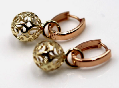 Genuine 9ct 9k 375 Rose + Yellow Gold Hoop 10mm Filigree Ball Huggies Earrings