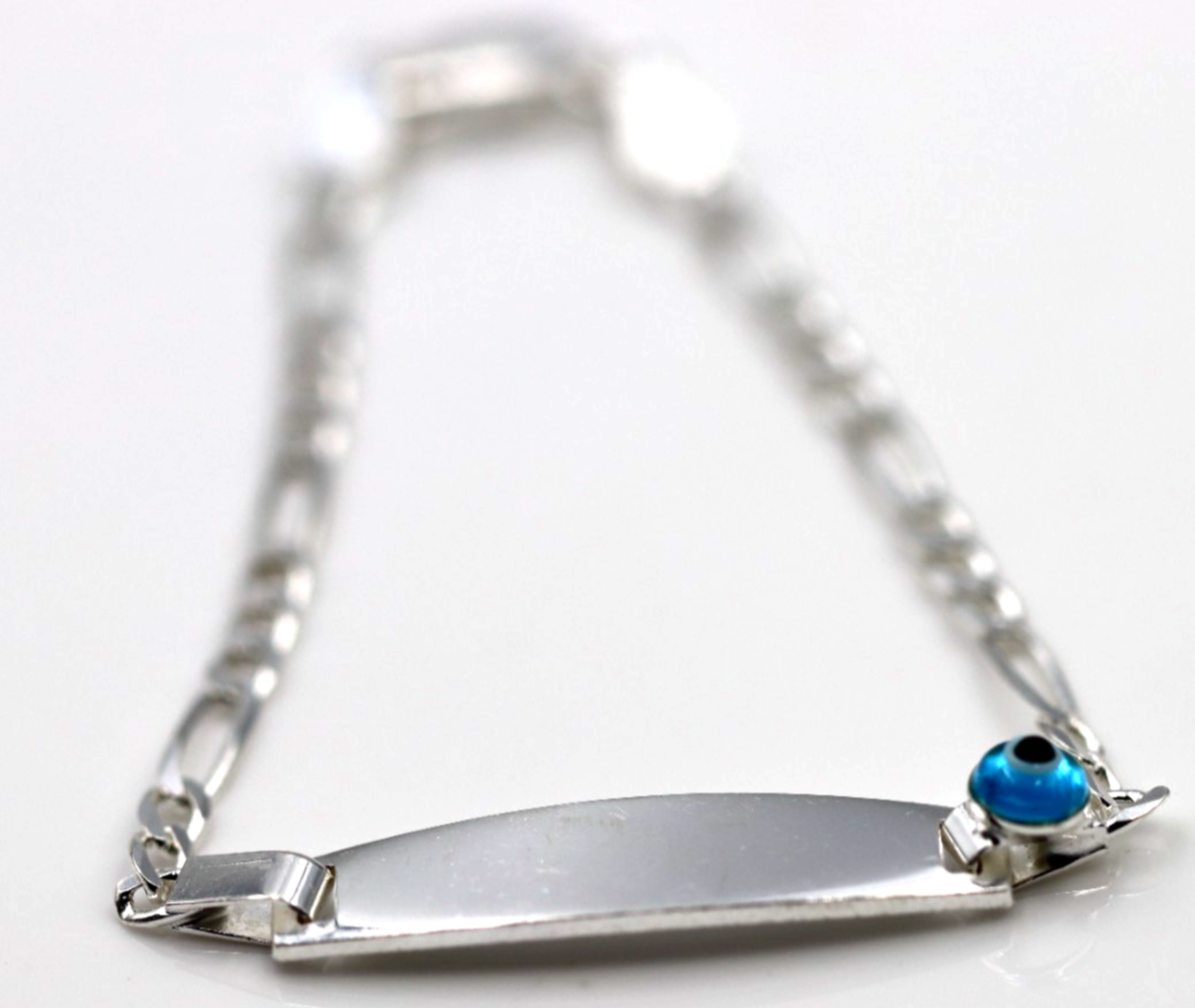 Genuine 925 Sterling Silver Mati Eye ID Engraveable Figaro Bracelet 17cm