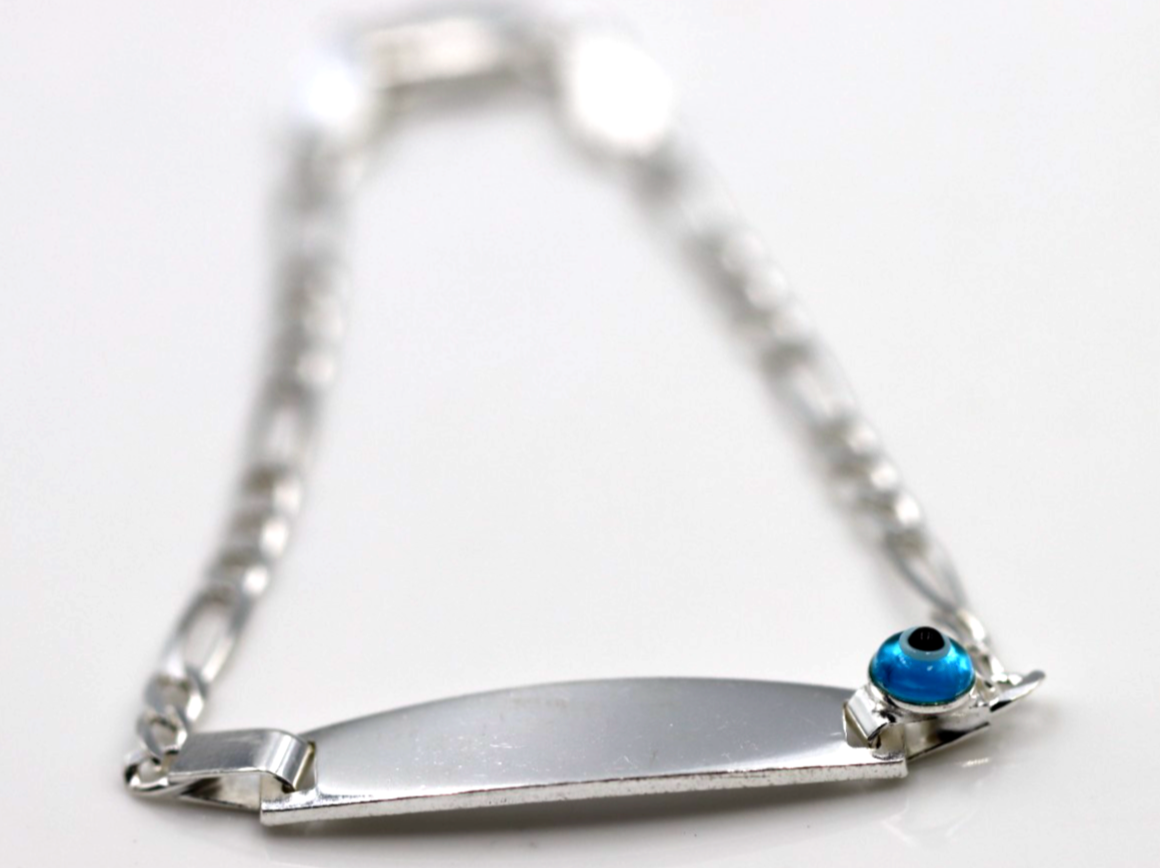 Genuine 925 Sterling Silver Mati Eye ID Engraveable Figaro Bracelet 17cm