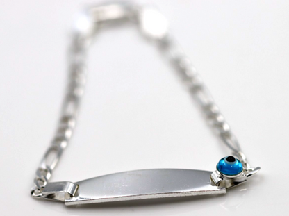 Genuine 925 Sterling Silver Mati Eye ID Engraveable Figaro Bracelet 17cm