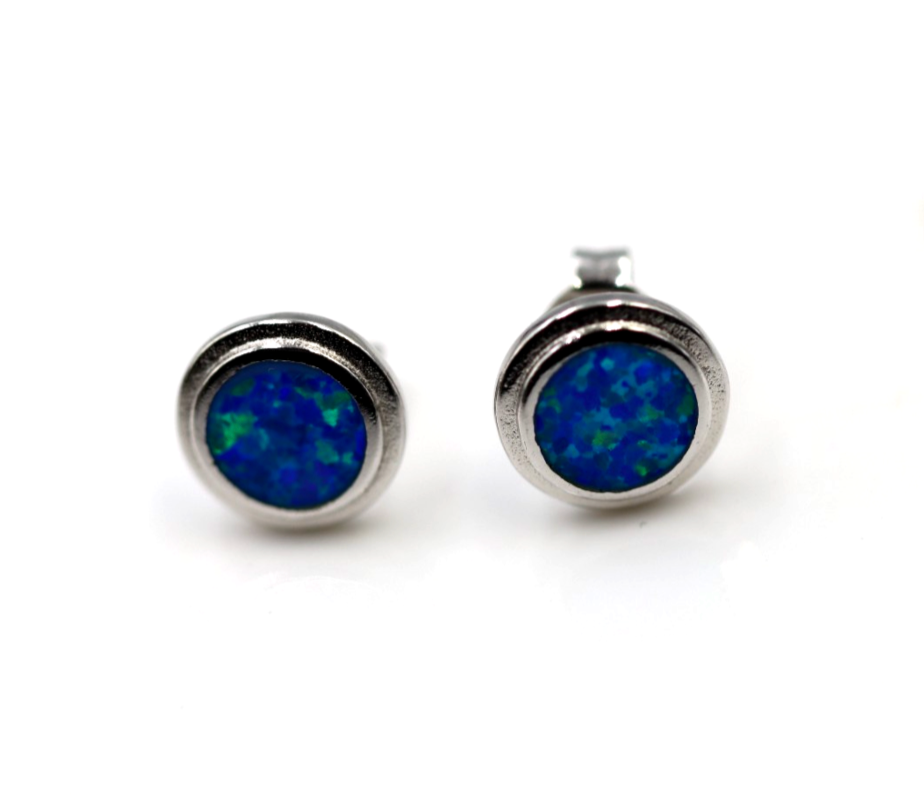 Genuine Sterling Silver 925 Syn Opal Round Set Stud Earrings
