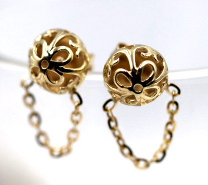 Genuine 9ct 9K 375 Yellow, Rose or White Gold 375 Half Ball 10mm Stud Filigree + Chain Earrings