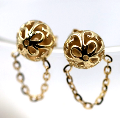 Genuine 9ct 9K 375 Yellow, Rose or White Gold 375 Half Ball 10mm Stud Filigree + Chain Earrings