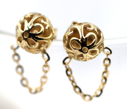 Genuine 9ct 9K 375 Yellow, Rose or White Gold 375 Half Ball 10mm Stud Filigree + Chain Earrings