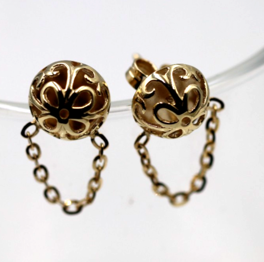 Genuine 9ct 9K 375 Yellow, Rose or White Gold 375 Half Ball 10mm Stud Filigree + Chain Earrings