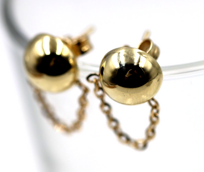 Genuine 9ct 9k 375 Yellow, Rose or White Gold 375 Half Ball 10mm Stud Plain Ball + Chain Earring