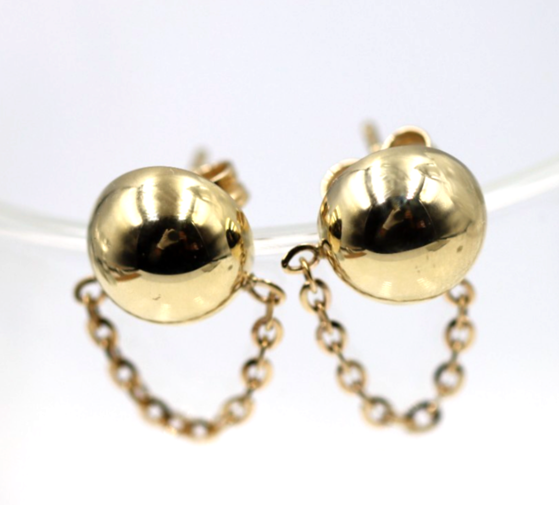 Genuine 9ct 9k 375 Yellow, Rose or White Gold 375 Half Ball 10mm Stud Plain Ball + Chain Earring